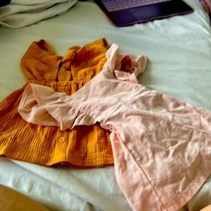 A set one cottons yellow dress and one cottons linen summer dress . 18-24mths